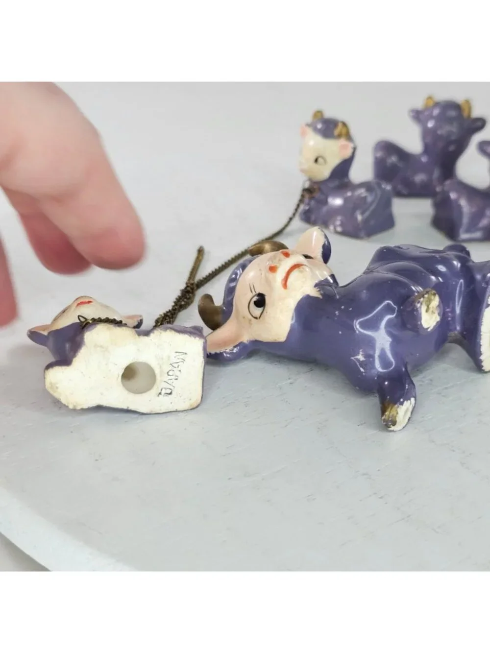 Miniature Purple Cow Calves Lot Vintage Japan 1950 Ceramic 7 Piece Lot Kitschy